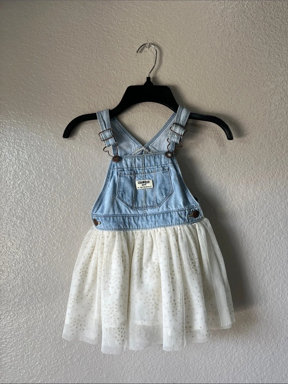 OshKosh B'gosh Light Blue Denim Overall Dress with White Tulle Skirt Sz 3T